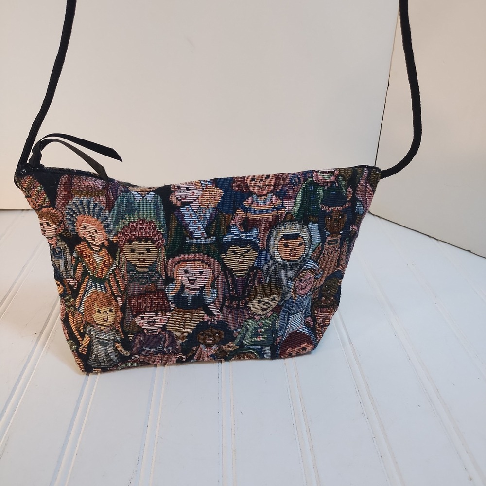 Vintage Woven Tapestry Children of the World Crossbody Bag Multicolor Festival